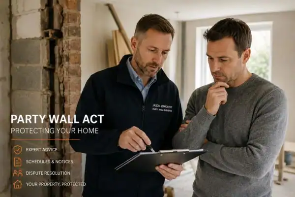 Party wall surveyor South Woodham Ferrers discussing extension plans with homeowner outside a UK semi-detached house.